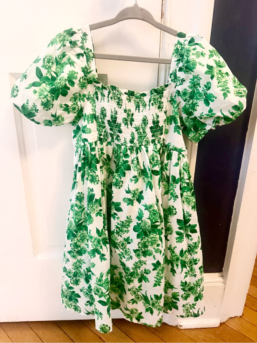Janie and Jack Green Floral Toile Smocked Puff-Sleeve Cotton Party Garden Dress